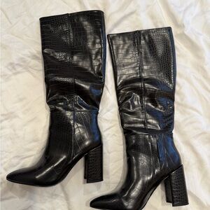 Lulus Black Croc-Embossed Knee-High Boots